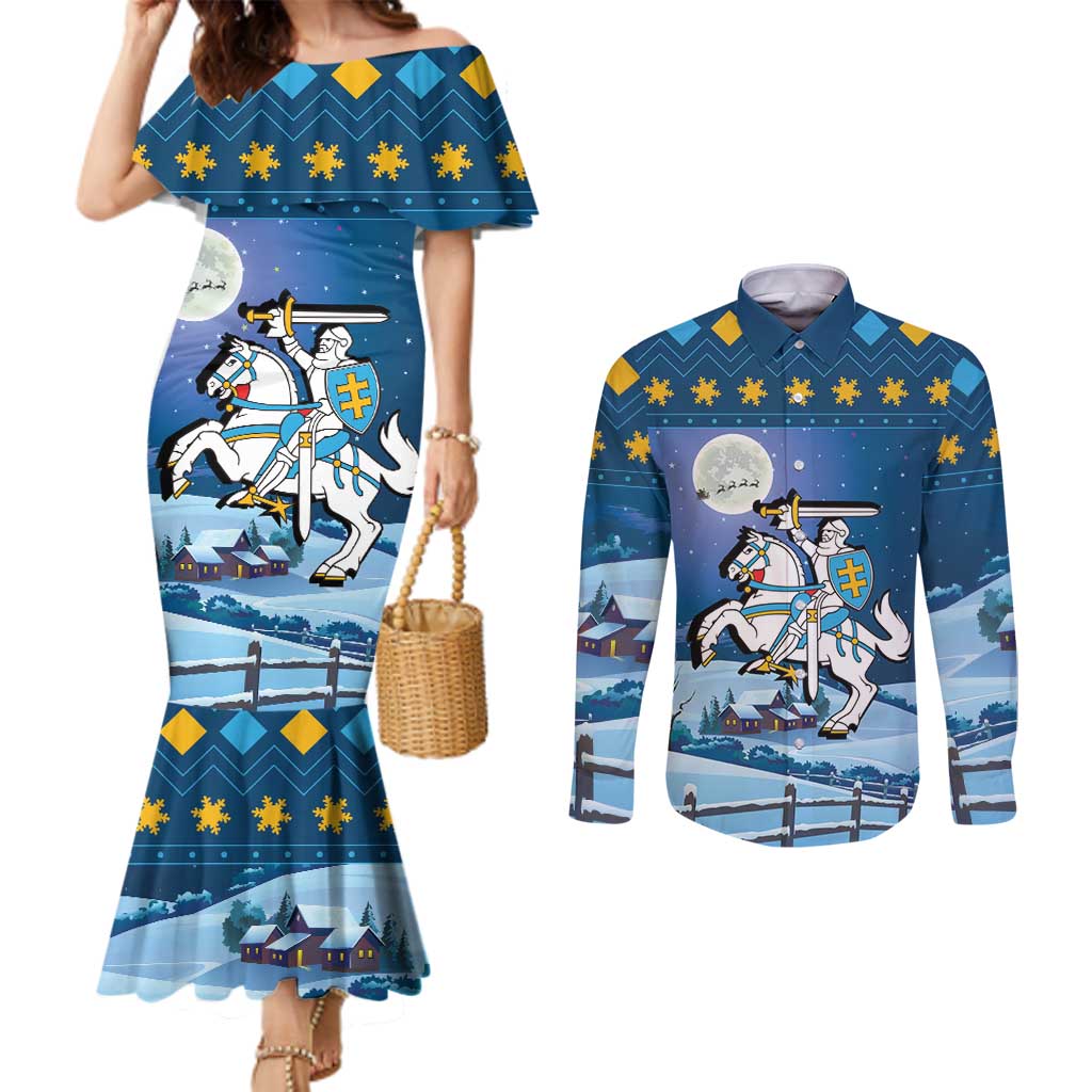 Lithuania Christmas Couples Matching Mermaid Dress and Long Sleeve Button Shirt Coat Of Arms Merry Xmas