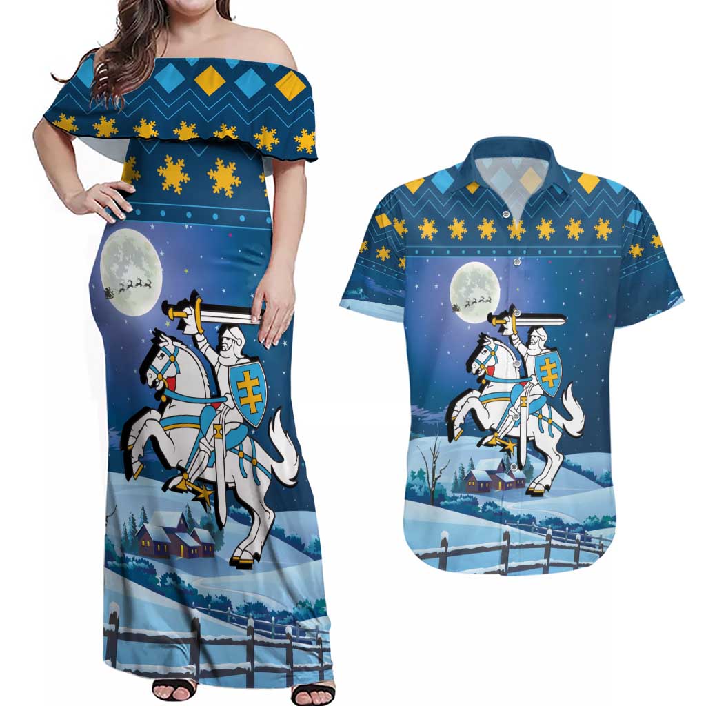 Lithuania Christmas Couples Matching Off Shoulder Maxi Dress and Hawaiian Shirt Coat Of Arms Merry Xmas - Wonder Print Shop