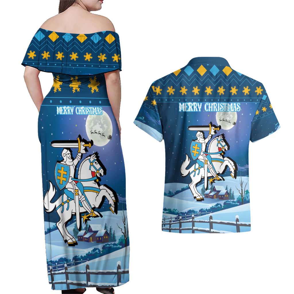Lithuania Christmas Couples Matching Off Shoulder Maxi Dress and Hawaiian Shirt Coat Of Arms Merry Xmas - Wonder Print Shop