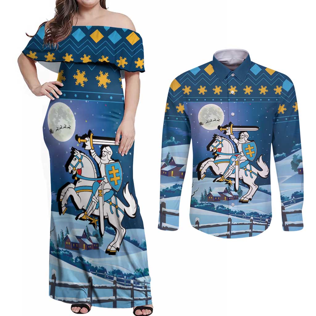Lithuania Christmas Couples Matching Off Shoulder Maxi Dress and Long Sleeve Button Shirt Coat Of Arms Merry Xmas - Wonder Print Shop
