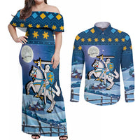 Lithuania Christmas Couples Matching Off Shoulder Maxi Dress and Long Sleeve Button Shirt Coat Of Arms Merry Xmas - Wonder Print Shop