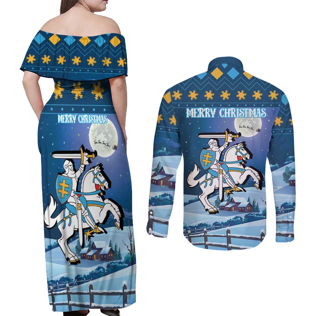 Lithuania Christmas Couples Matching Off Shoulder Maxi Dress and Long Sleeve Button Shirt Coat Of Arms Merry Xmas - Wonder Print Shop