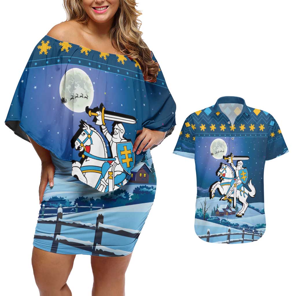 Lithuania Christmas Couples Matching Off Shoulder Short Dress and Hawaiian Shirt Coat Of Arms Merry Xmas - Wonder Print Shop