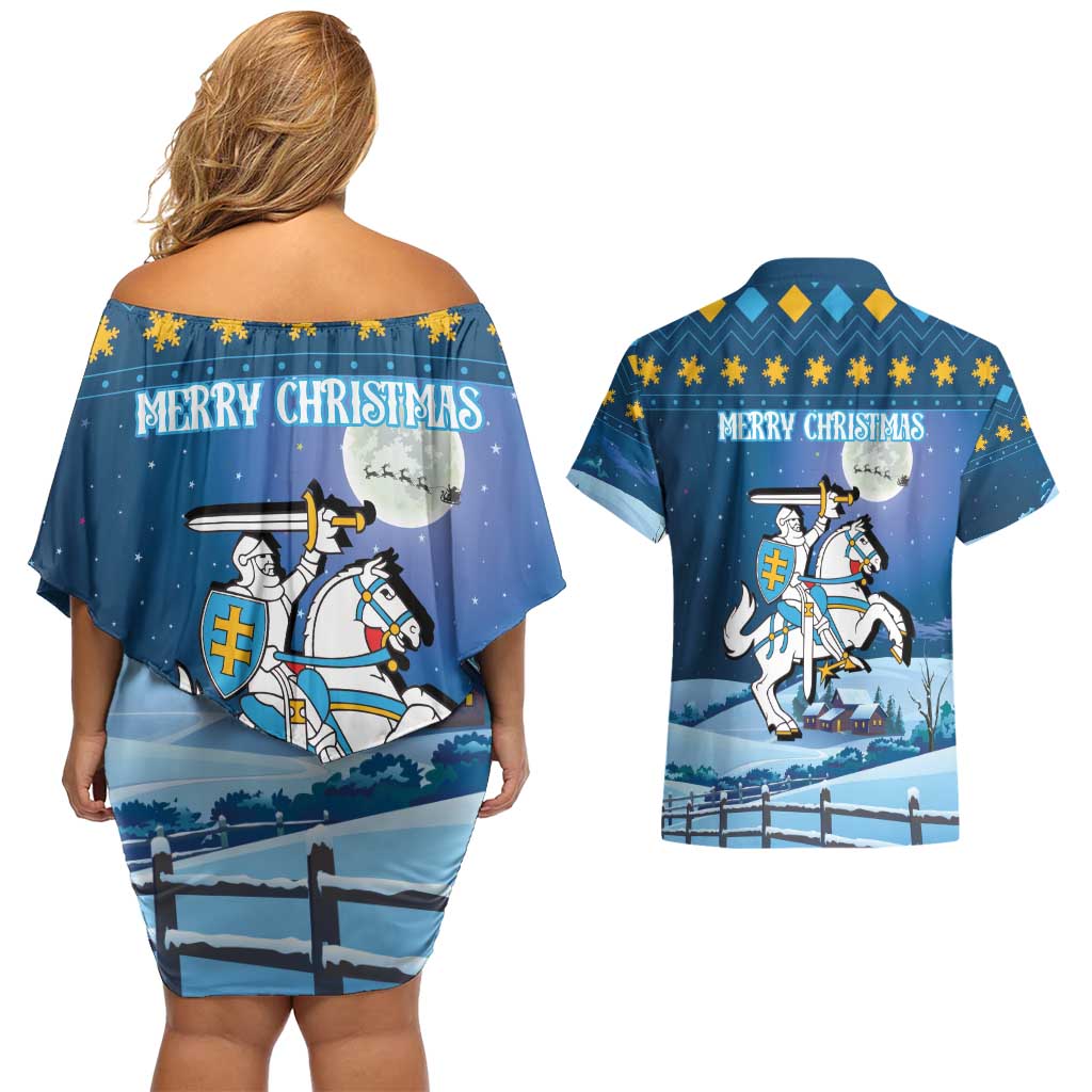 Lithuania Christmas Couples Matching Off Shoulder Short Dress and Hawaiian Shirt Coat Of Arms Merry Xmas - Wonder Print Shop