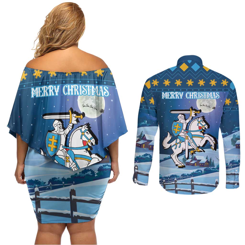 Lithuania Christmas Couples Matching Off Shoulder Short Dress and Long Sleeve Button Shirt Coat Of Arms Merry Xmas - Wonder Print Shop