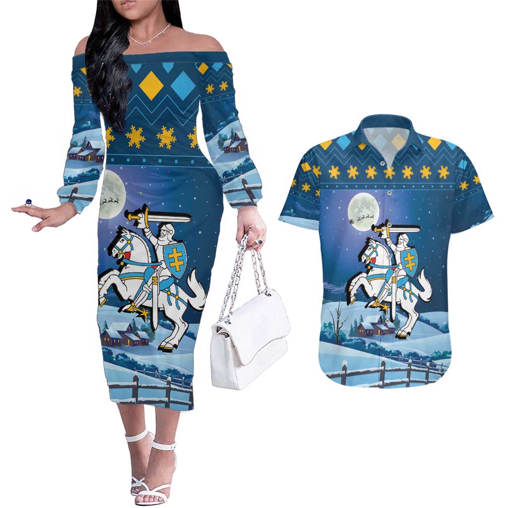 Lithuania Christmas Couples Matching Off The Shoulder Long Sleeve Dress and Hawaiian Shirt Coat Of Arms Merry Xmas - Wonder Print Shop