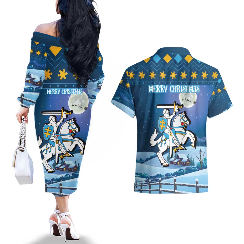 Lithuania Christmas Couples Matching Off The Shoulder Long Sleeve Dress and Hawaiian Shirt Coat Of Arms Merry Xmas - Wonder Print Shop