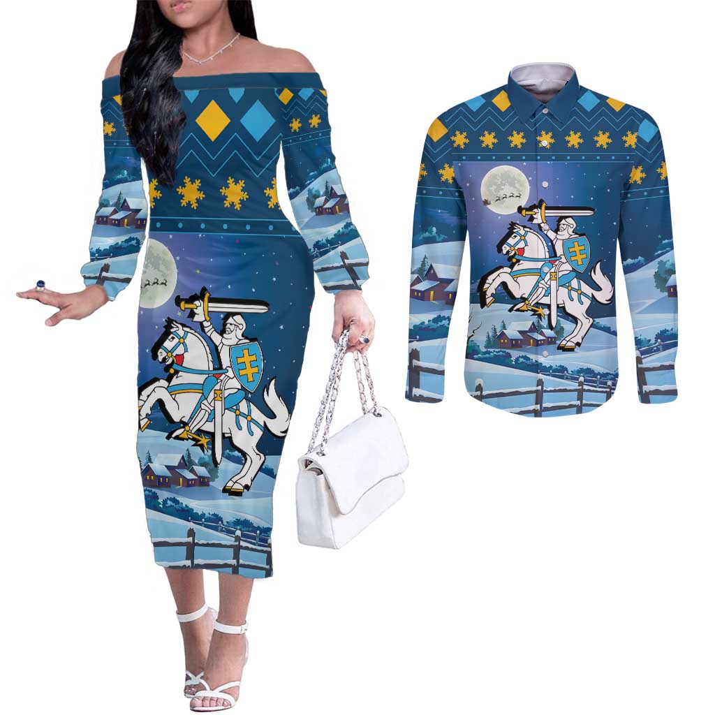 Lithuania Christmas Couples Matching Off The Shoulder Long Sleeve Dress and Long Sleeve Button Shirt Coat Of Arms Merry Xmas