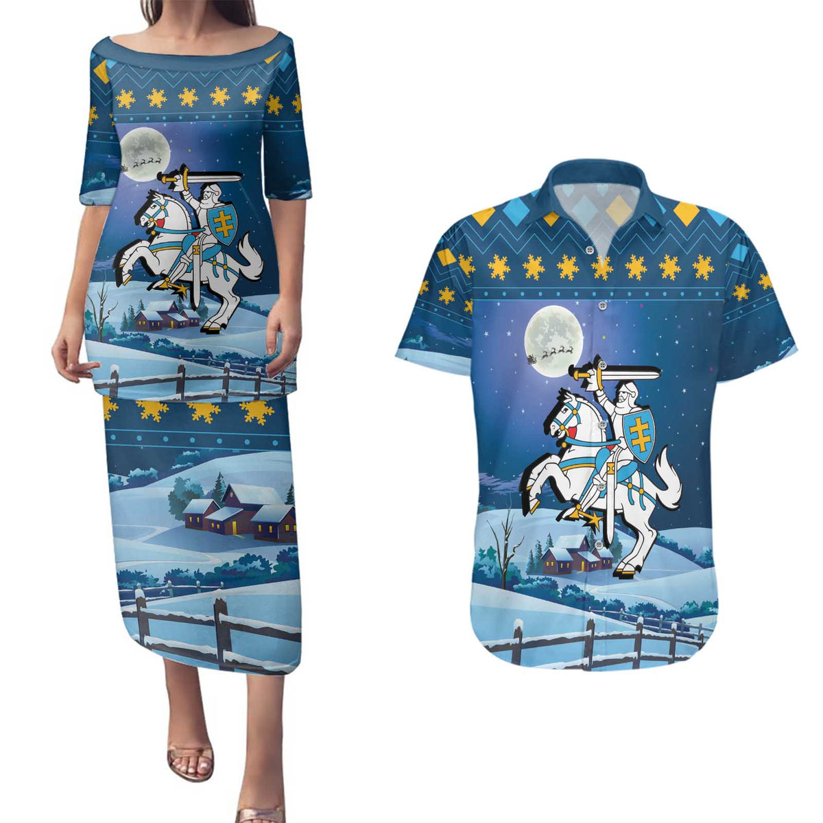 Lithuania Christmas Couples Matching Puletasi and Hawaiian Shirt Coat Of Arms Merry Xmas - Wonder Print Shop