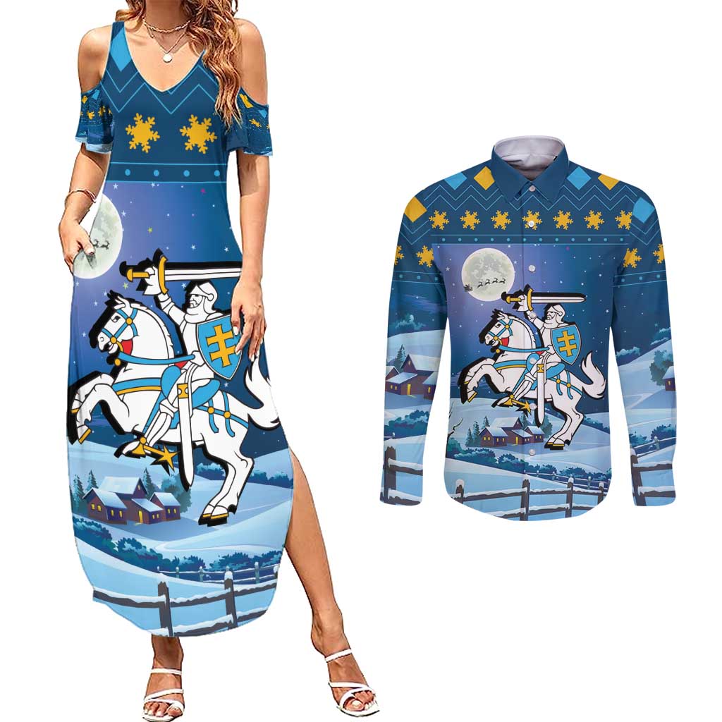 Lithuania Christmas Couples Matching Summer Maxi Dress and Long Sleeve Button Shirt Coat Of Arms Merry Xmas - Wonder Print Shop