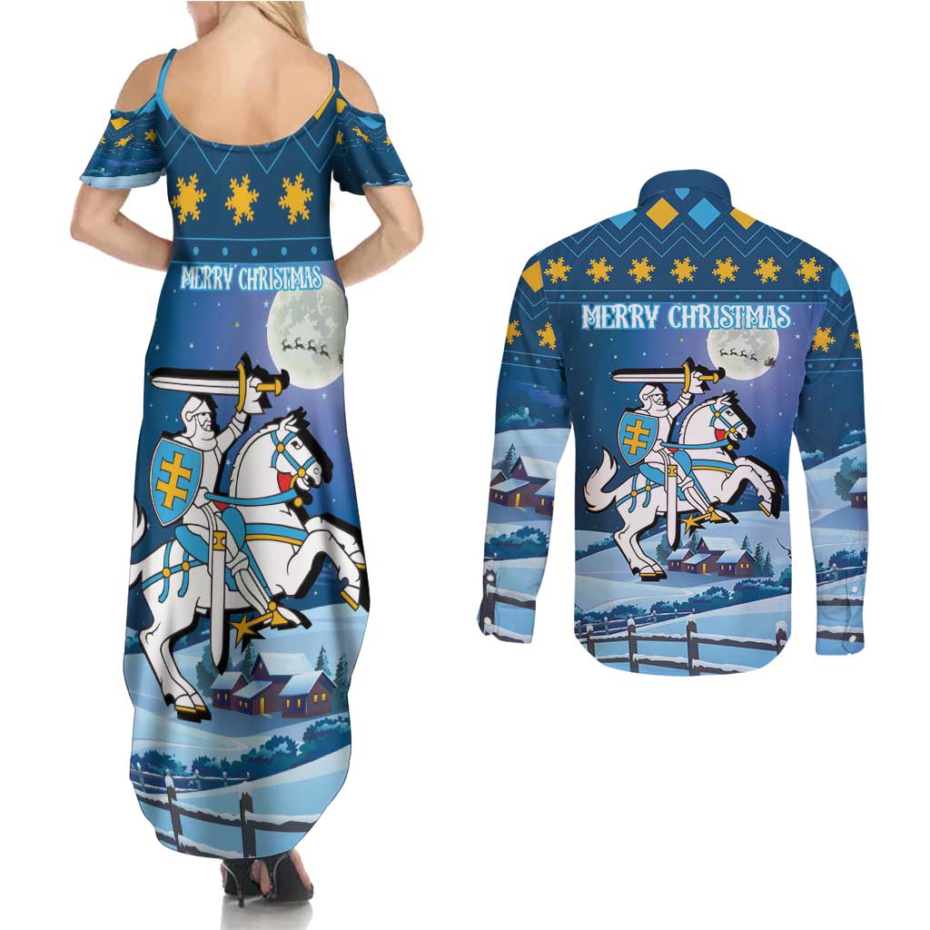 Lithuania Christmas Couples Matching Summer Maxi Dress and Long Sleeve Button Shirt Coat Of Arms Merry Xmas - Wonder Print Shop