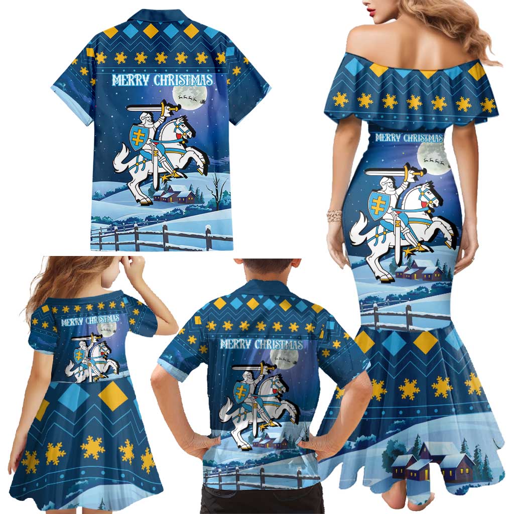 Lithuania Christmas Family Matching Mermaid Dress and Hawaiian Shirt Coat Of Arms Merry Xmas - Wonder Print Shop