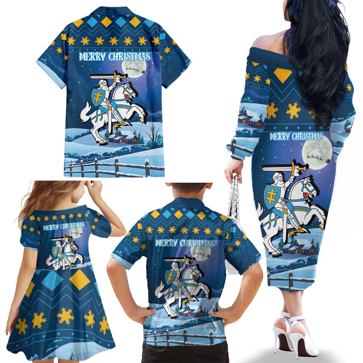 Lithuania Christmas Family Matching Off The Shoulder Long Sleeve Dress and Hawaiian Shirt Coat Of Arms Merry Xmas - Wonder Print Shop