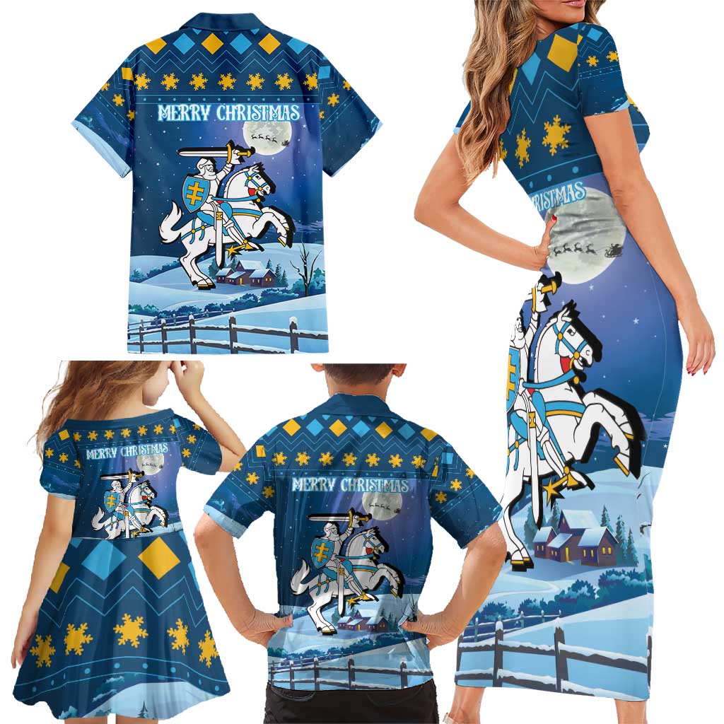 Lithuania Christmas Family Matching Short Sleeve Bodycon Dress and Hawaiian Shirt Coat Of Arms Merry Xmas - Wonder Print Shop