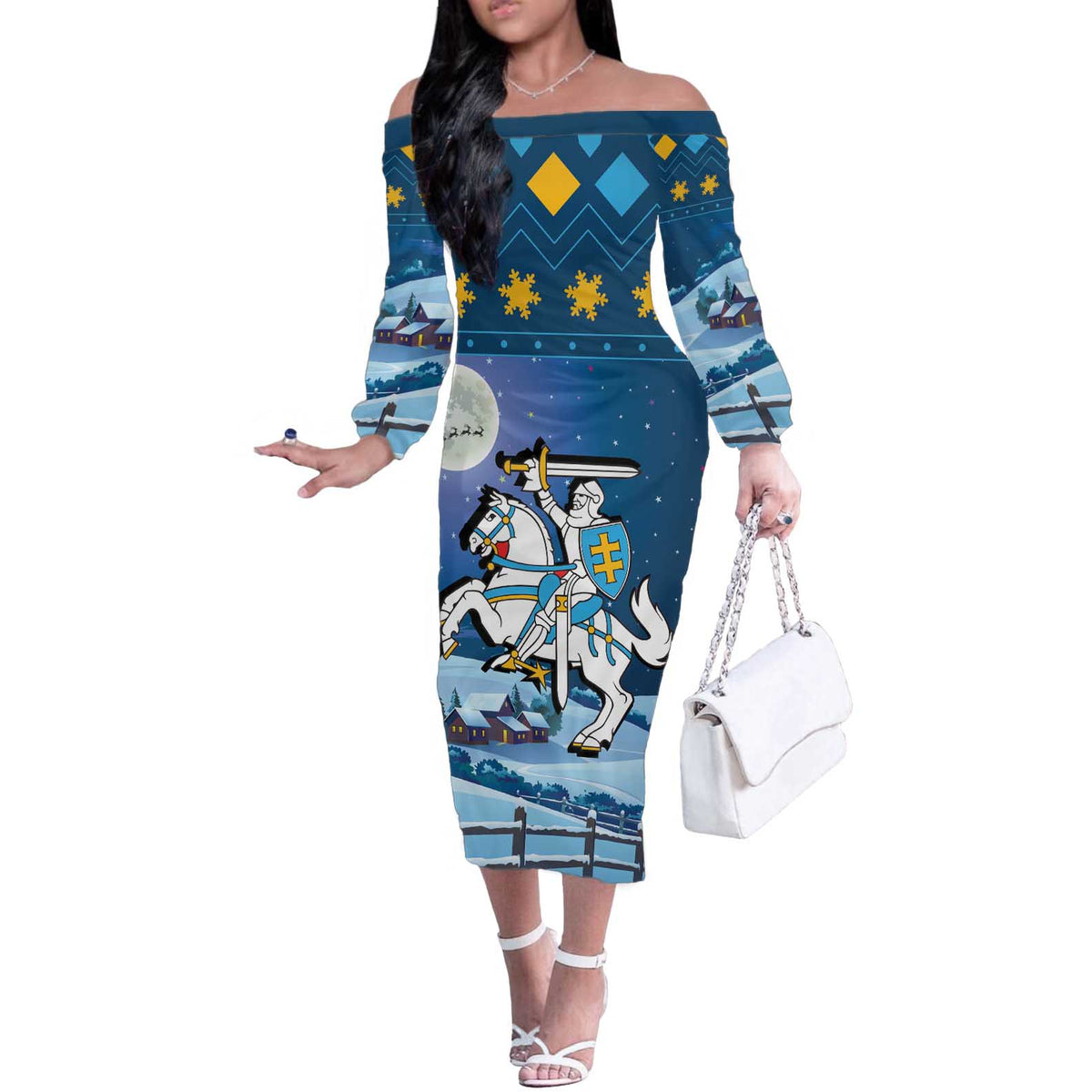 Lithuania Christmas Off The Shoulder Long Sleeve Dress Coat Of Arms Merry Xmas - Wonder Print Shop