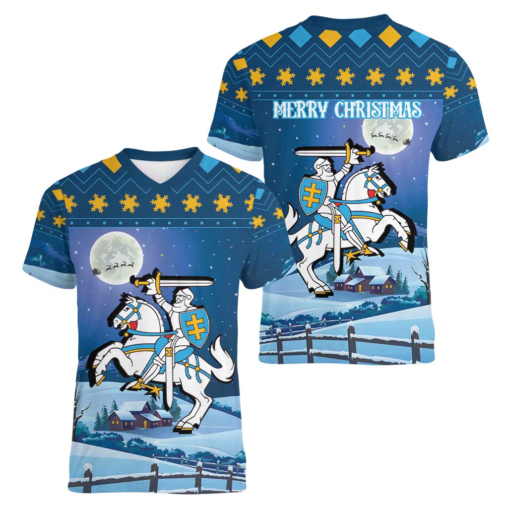 Lithuania Christmas Women V-Neck T-Shirt Coat Of Arms Merry Xmas - Wonder Print Shop
