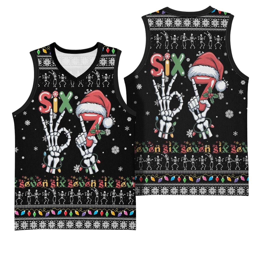 Six Seven Funny Skeleton Fingers Christmas Basketball Jersey Creepy Santa Skeleton Hands - Wonder Print Shop