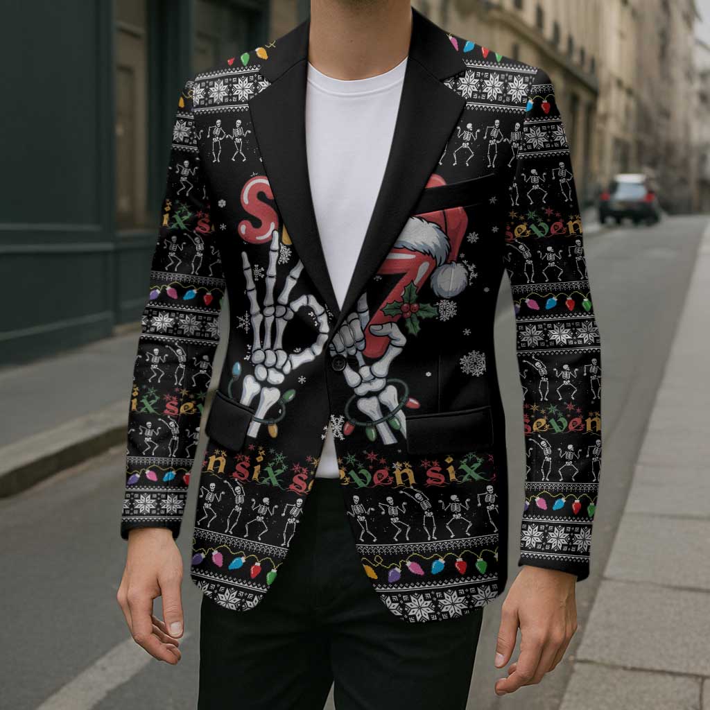 Six Seven Funny Skeleton Fingers Christmas Blazer Creepy Santa Skeleton Hands - Wonder Print Shop