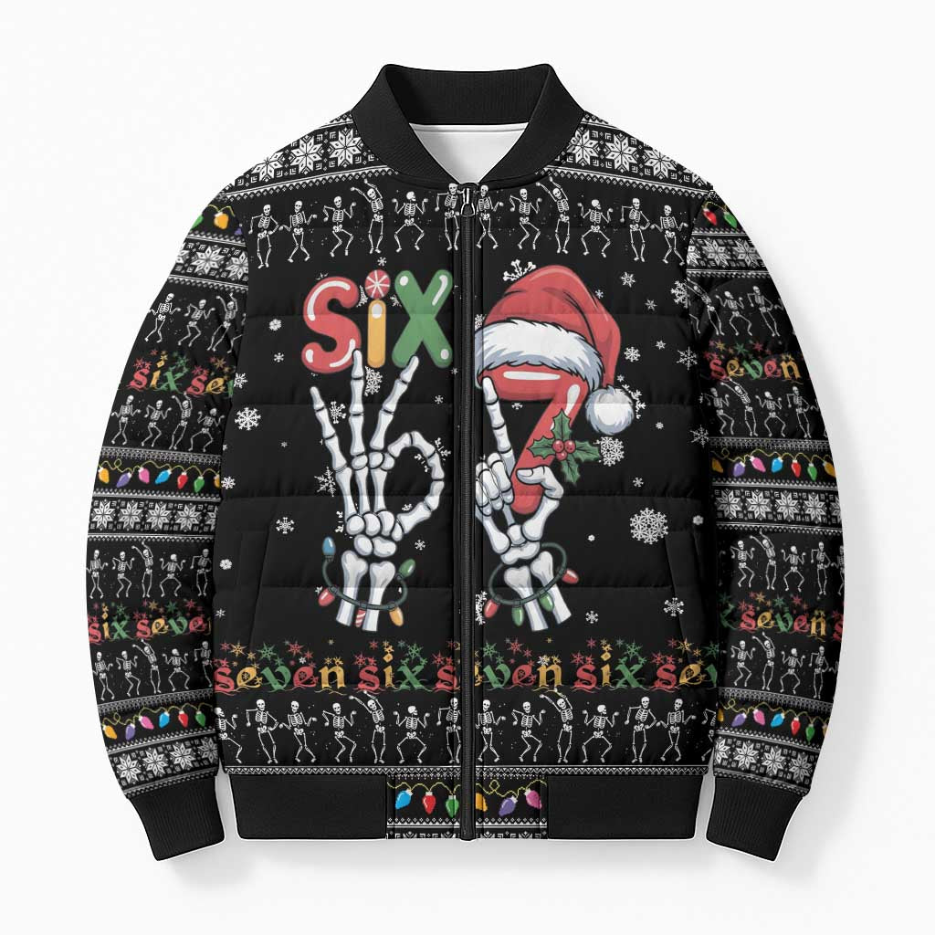 Six Seven Funny Skeleton Fingers Christmas Bomber Puffer Jacket Creepy Santa Skeleton Hands - Wonder Print Shop