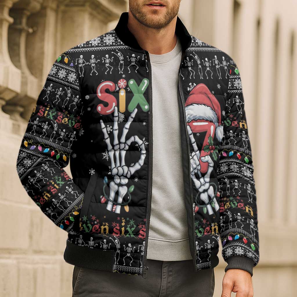 Six Seven Funny Skeleton Fingers Christmas Bomber Puffer Jacket Creepy Santa Skeleton Hands - Wonder Print Shop