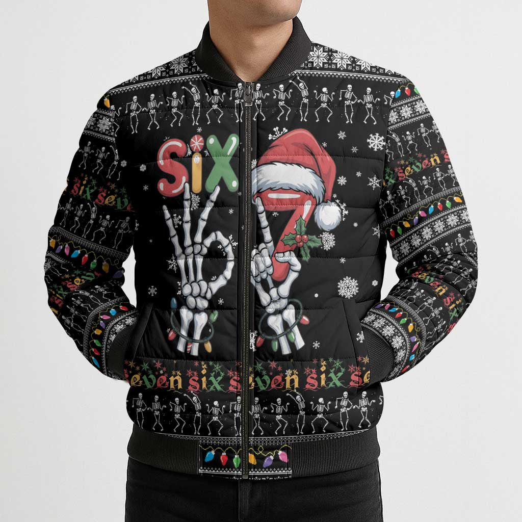 Six Seven Funny Skeleton Fingers Christmas Bomber Puffer Jacket Creepy Santa Skeleton Hands - Wonder Print Shop