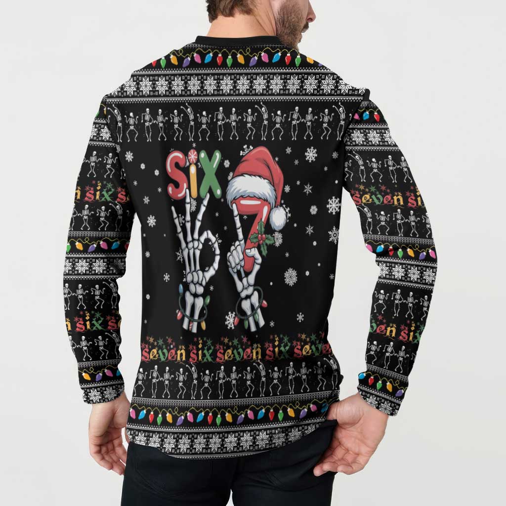 Six Seven Funny Skeleton Fingers Christmas Button Sweatshirt Creepy Santa Skeleton Hands - Wonder Print Shop