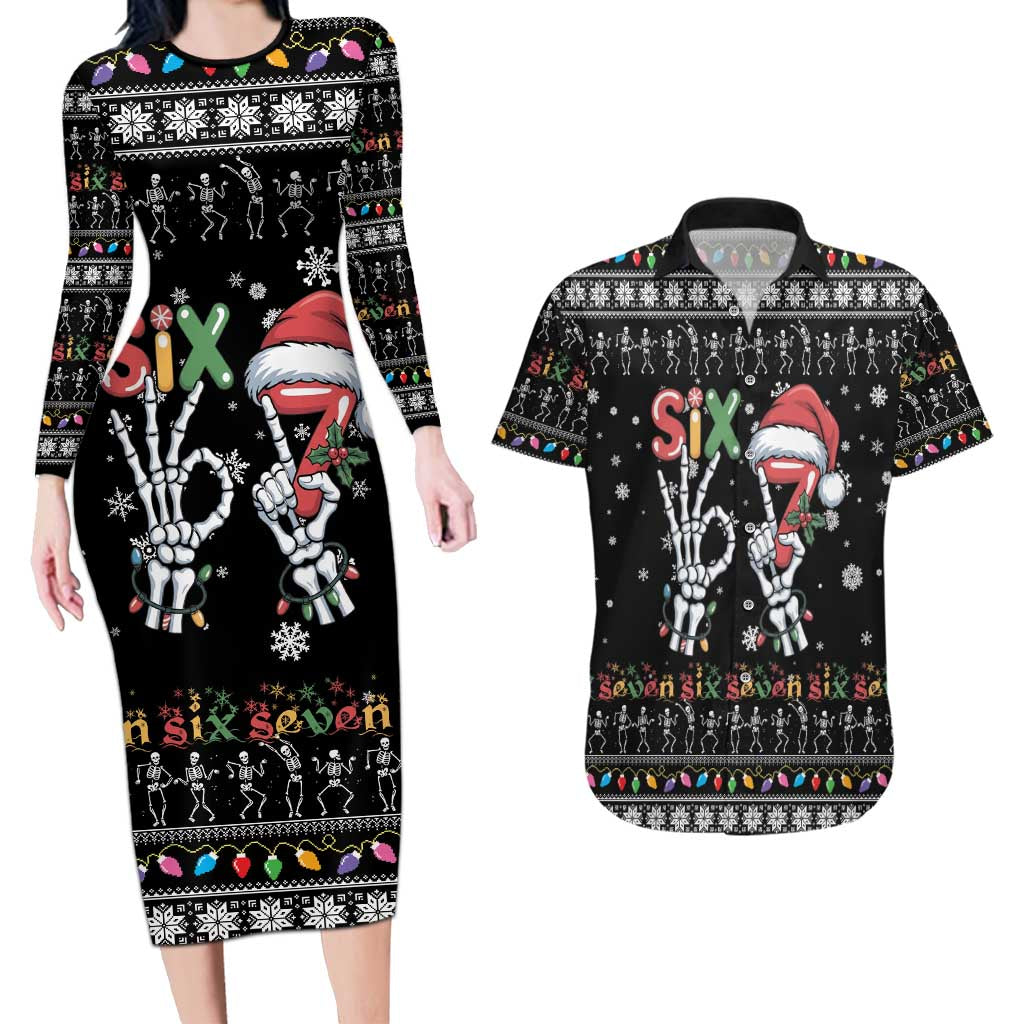 Six Seven Funny Skeleton Fingers Christmas Couples Matching Long Sleeve Bodycon Dress and Hawaiian Shirt Creepy Santa Skeleton Hands - Wonder Print Shop