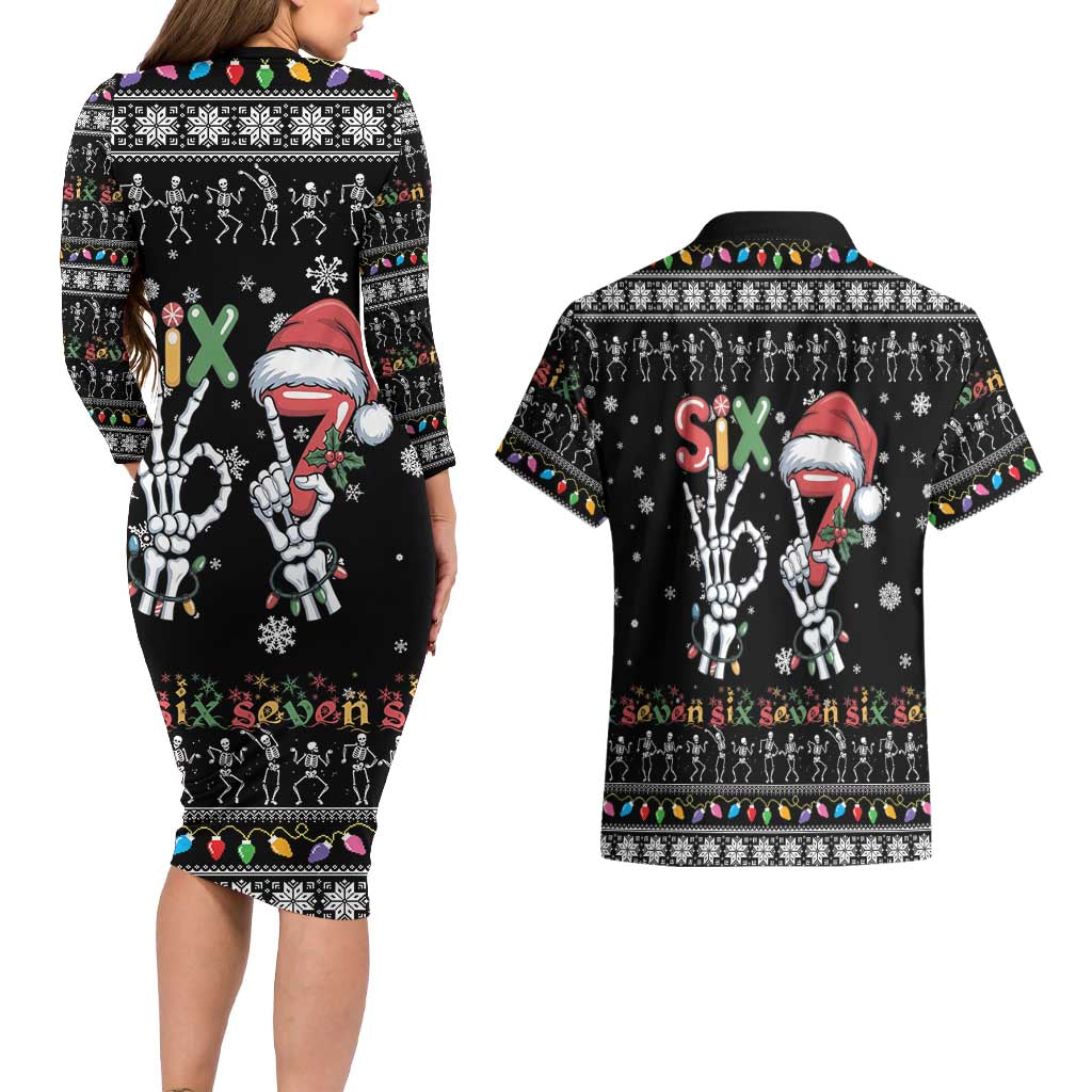 Six Seven Funny Skeleton Fingers Christmas Couples Matching Long Sleeve Bodycon Dress and Hawaiian Shirt Creepy Santa Skeleton Hands - Wonder Print Shop