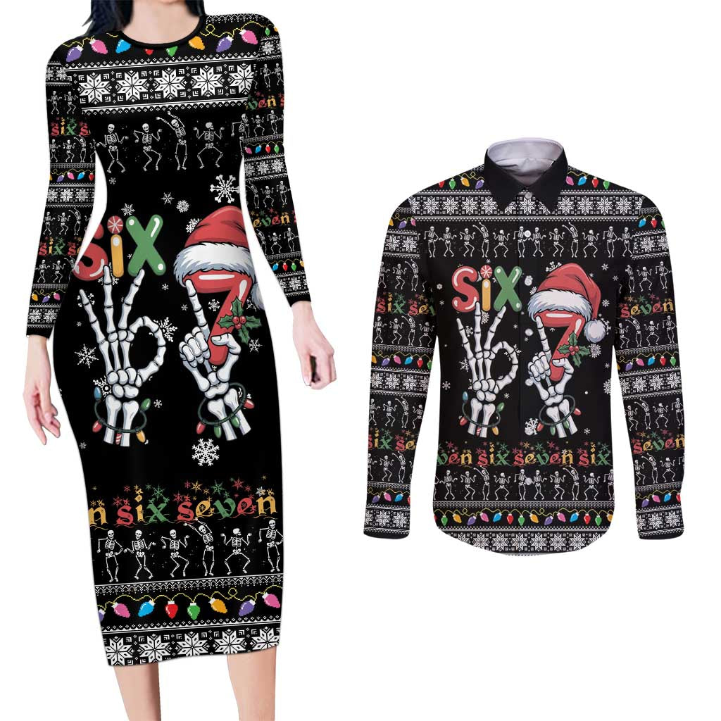 Six Seven Funny Skeleton Fingers Christmas Couples Matching Long Sleeve Bodycon Dress and Long Sleeve Button Shirt Creepy Santa Skeleton Hands - Wonder Print Shop