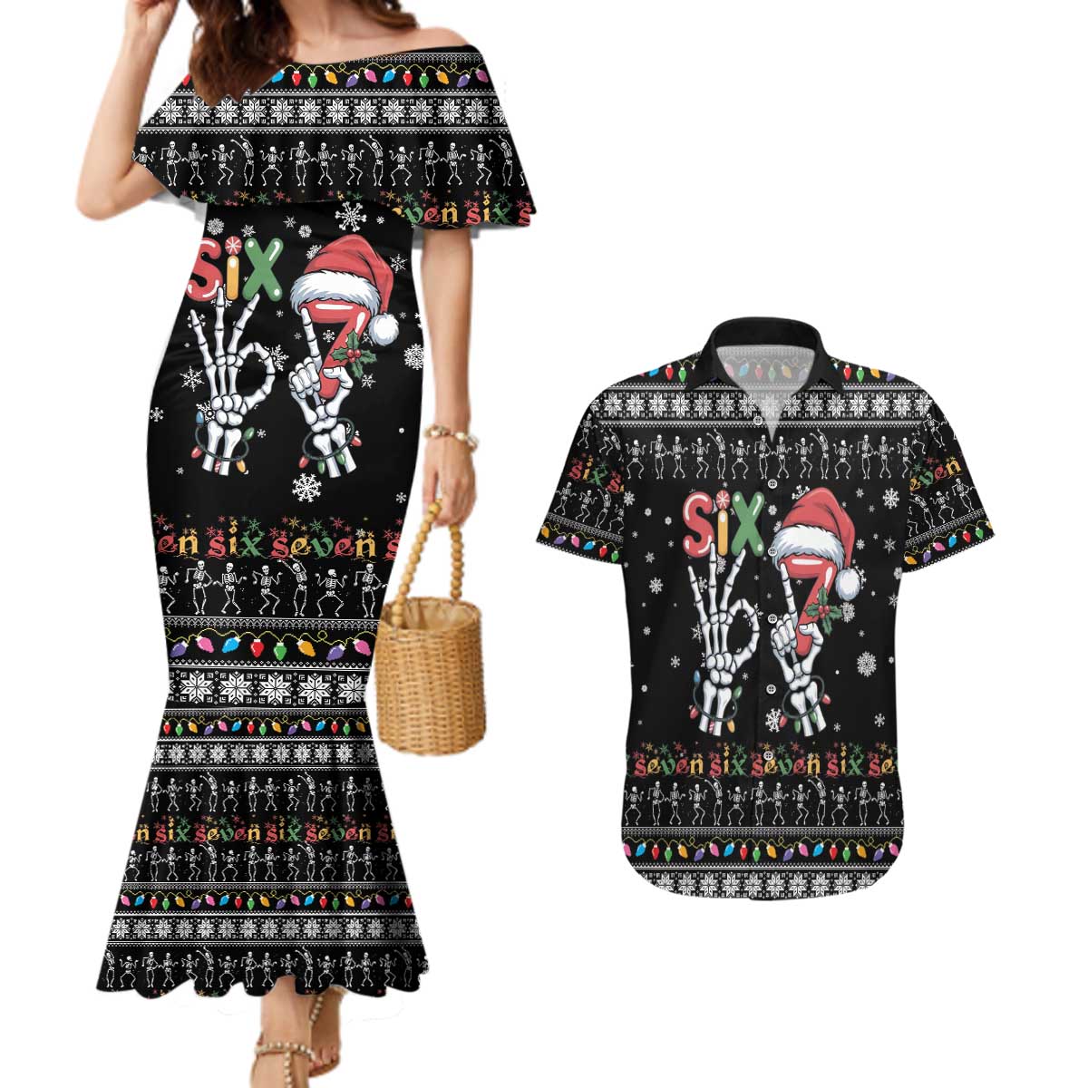 Six Seven Funny Skeleton Fingers Christmas Couples Matching Mermaid Dress and Hawaiian Shirt Creepy Santa Skeleton Hands - Wonder Print Shop