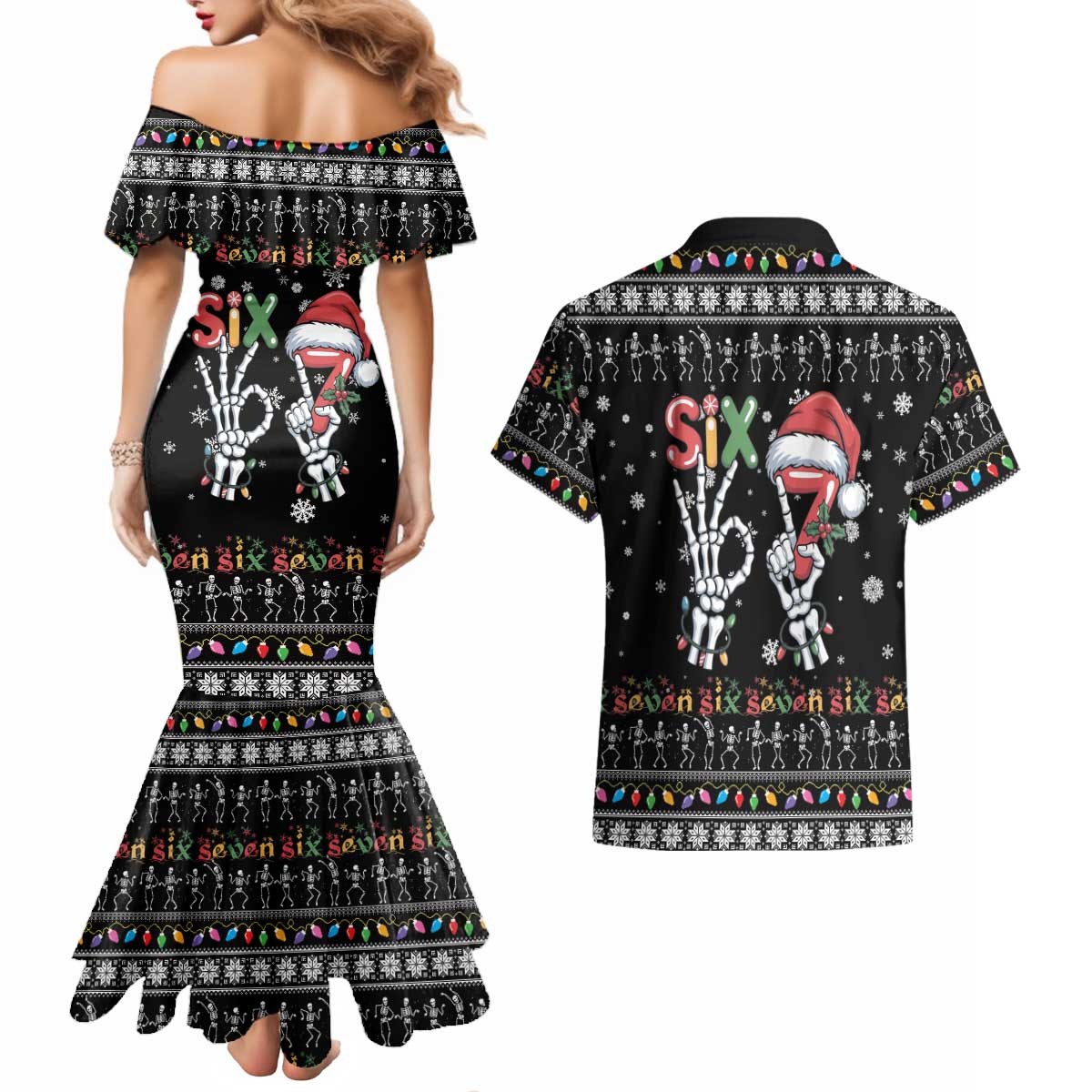 Six Seven Funny Skeleton Fingers Christmas Couples Matching Mermaid Dress and Hawaiian Shirt Creepy Santa Skeleton Hands - Wonder Print Shop