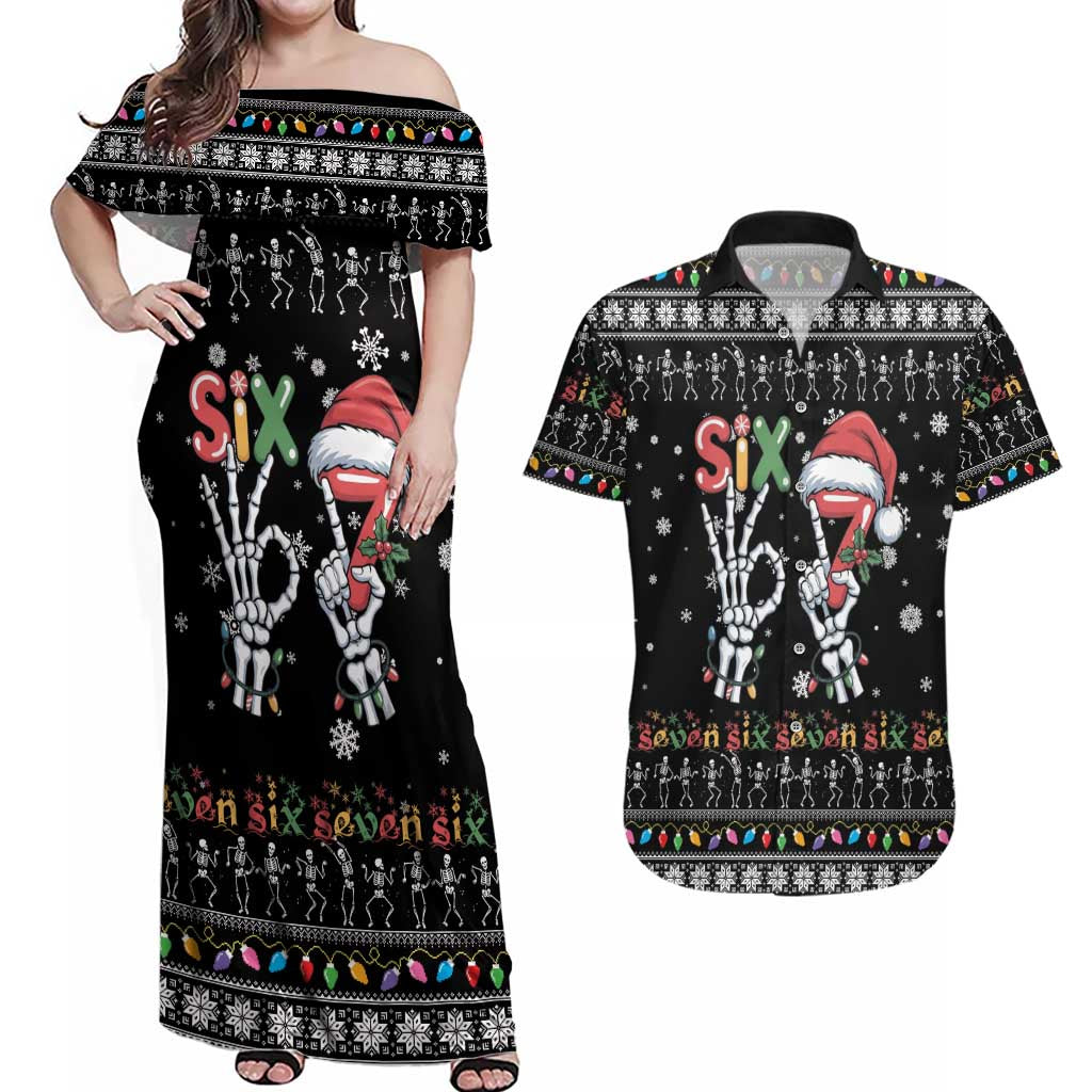 Six Seven Funny Skeleton Fingers Christmas Couples Matching Off Shoulder Maxi Dress and Hawaiian Shirt Creepy Santa Skeleton Hands - Wonder Print Shop