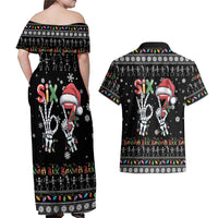 Six Seven Funny Skeleton Fingers Christmas Couples Matching Off Shoulder Maxi Dress and Hawaiian Shirt Creepy Santa Skeleton Hands - Wonder Print Shop