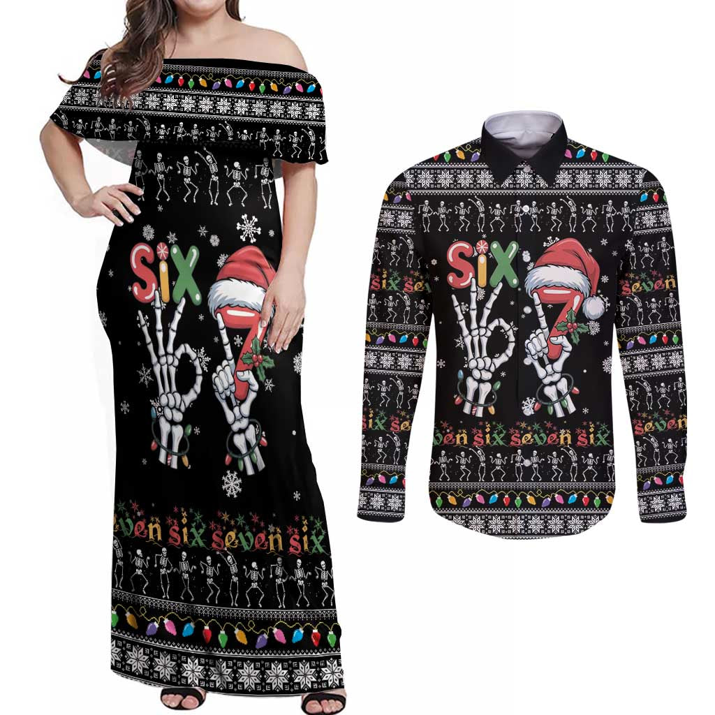Six Seven Funny Skeleton Fingers Christmas Couples Matching Off Shoulder Maxi Dress and Long Sleeve Button Shirt Creepy Santa Skeleton Hands - Wonder Print Shop