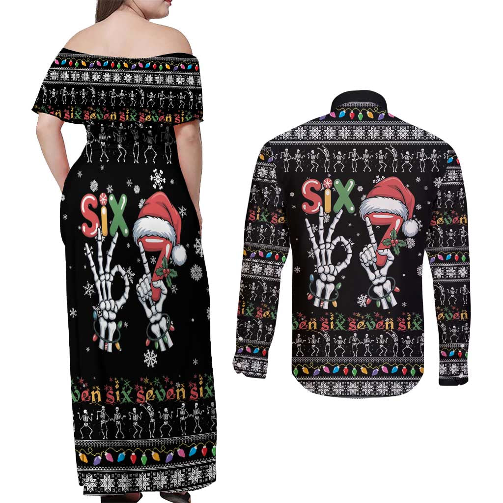 Six Seven Funny Skeleton Fingers Christmas Couples Matching Off Shoulder Maxi Dress and Long Sleeve Button Shirt Creepy Santa Skeleton Hands - Wonder Print Shop
