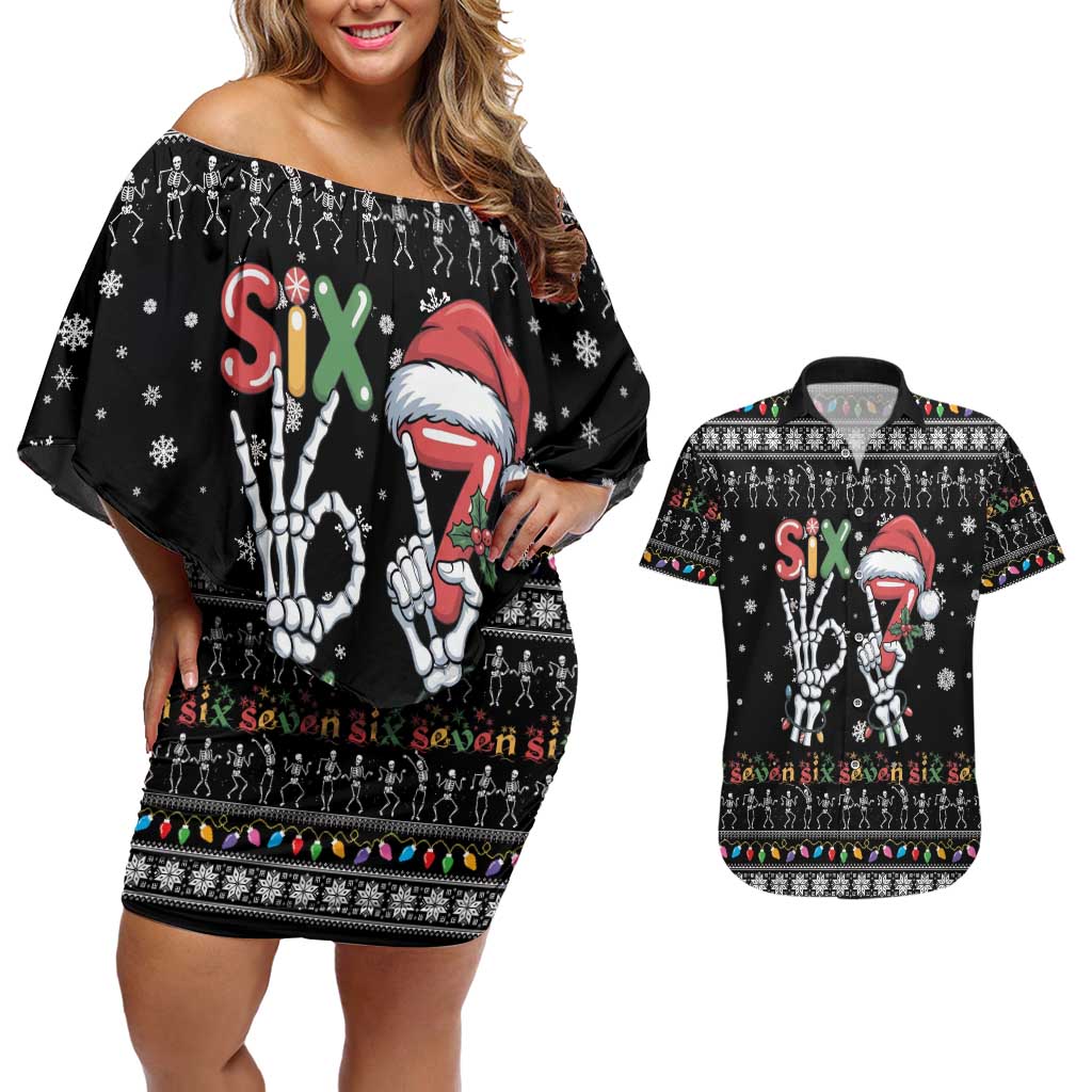 Six Seven Funny Skeleton Fingers Christmas Couples Matching Off Shoulder Short Dress and Hawaiian Shirt Creepy Santa Skeleton Hands - Wonder Print Shop
