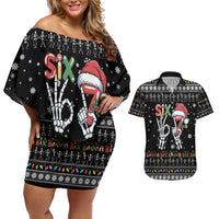 Six Seven Funny Skeleton Fingers Christmas Couples Matching Off Shoulder Short Dress and Hawaiian Shirt Creepy Santa Skeleton Hands - Wonder Print Shop
