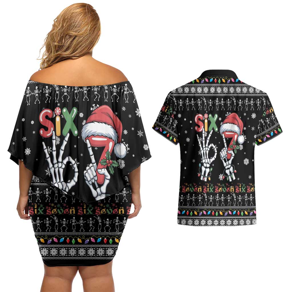 Six Seven Funny Skeleton Fingers Christmas Couples Matching Off Shoulder Short Dress and Hawaiian Shirt Creepy Santa Skeleton Hands - Wonder Print Shop
