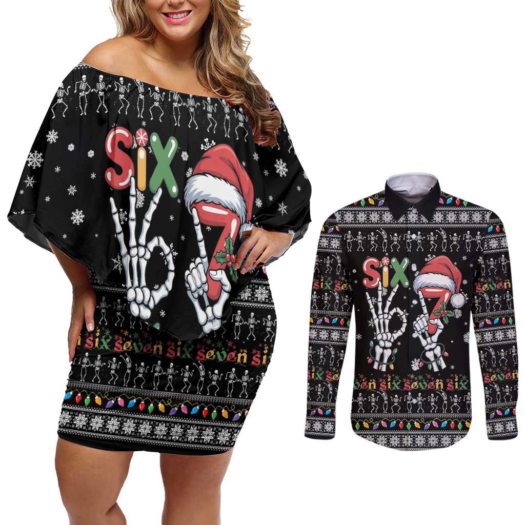 Six Seven Funny Skeleton Fingers Christmas Couples Matching Off Shoulder Short Dress and Long Sleeve Button Shirt Creepy Santa Skeleton Hands - Wonder Print Shop
