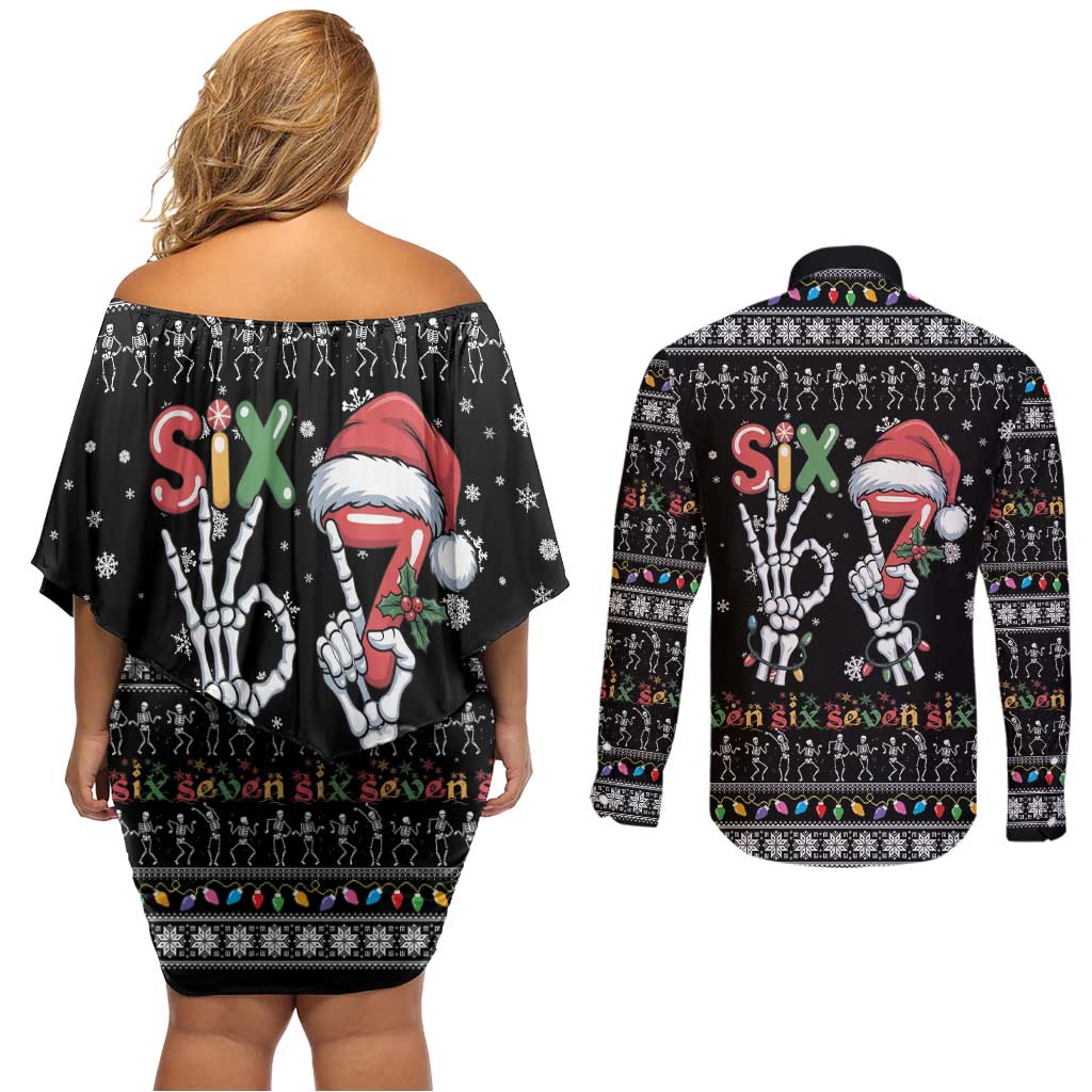 Six Seven Funny Skeleton Fingers Christmas Couples Matching Off Shoulder Short Dress and Long Sleeve Button Shirt Creepy Santa Skeleton Hands - Wonder Print Shop