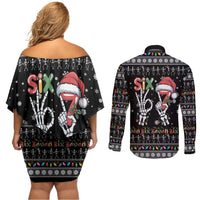 Six Seven Funny Skeleton Fingers Christmas Couples Matching Off Shoulder Short Dress and Long Sleeve Button Shirt Creepy Santa Skeleton Hands - Wonder Print Shop
