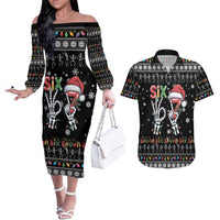 Six Seven Funny Skeleton Fingers Christmas Couples Matching Off The Shoulder Long Sleeve Dress and Hawaiian Shirt Creepy Santa Skeleton Hands - Wonder Print Shop