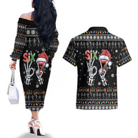 Six Seven Funny Skeleton Fingers Christmas Couples Matching Off The Shoulder Long Sleeve Dress and Hawaiian Shirt Creepy Santa Skeleton Hands - Wonder Print Shop
