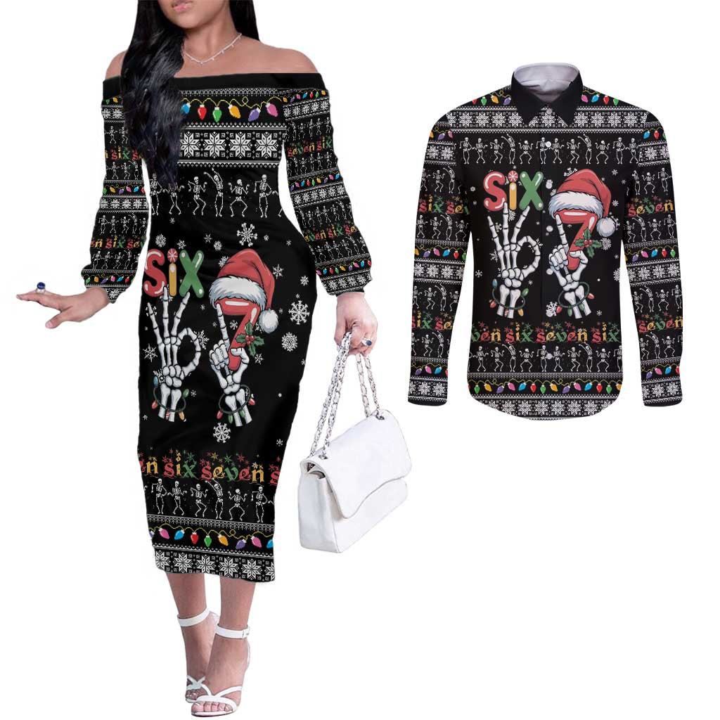 Six Seven Funny Skeleton Fingers Christmas Couples Matching Off The Shoulder Long Sleeve Dress and Long Sleeve Button Shirt Creepy Santa Skeleton Hands - Wonder Print Shop