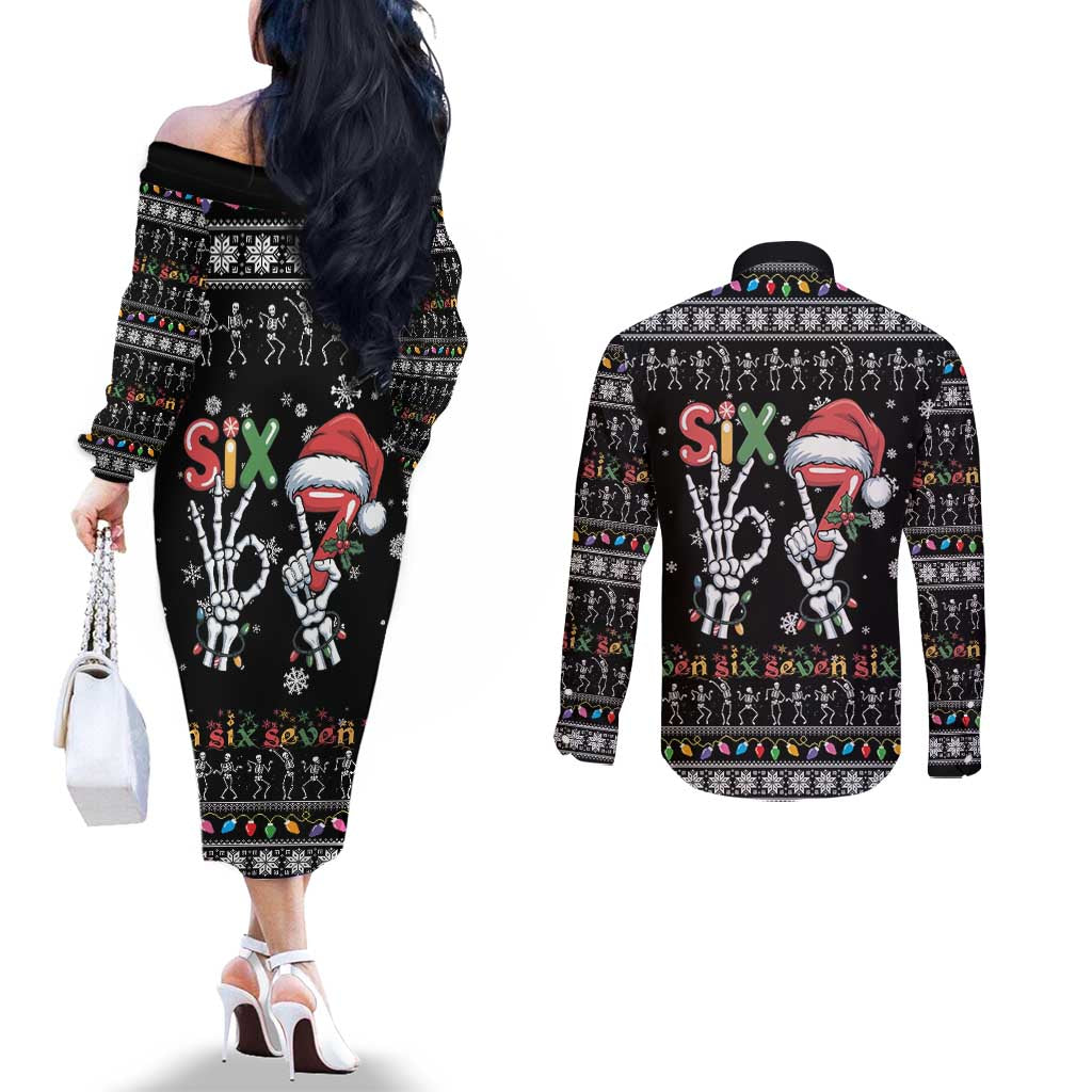 Six Seven Funny Skeleton Fingers Christmas Couples Matching Off The Shoulder Long Sleeve Dress and Long Sleeve Button Shirt Creepy Santa Skeleton Hands - Wonder Print Shop