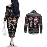 Six Seven Funny Skeleton Fingers Christmas Couples Matching Off The Shoulder Long Sleeve Dress and Long Sleeve Button Shirt Creepy Santa Skeleton Hands - Wonder Print Shop