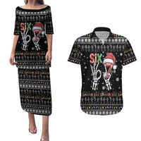 Six Seven Funny Skeleton Fingers Christmas Couples Matching Puletasi and Hawaiian Shirt Creepy Santa Skeleton Hands - Wonder Print Shop