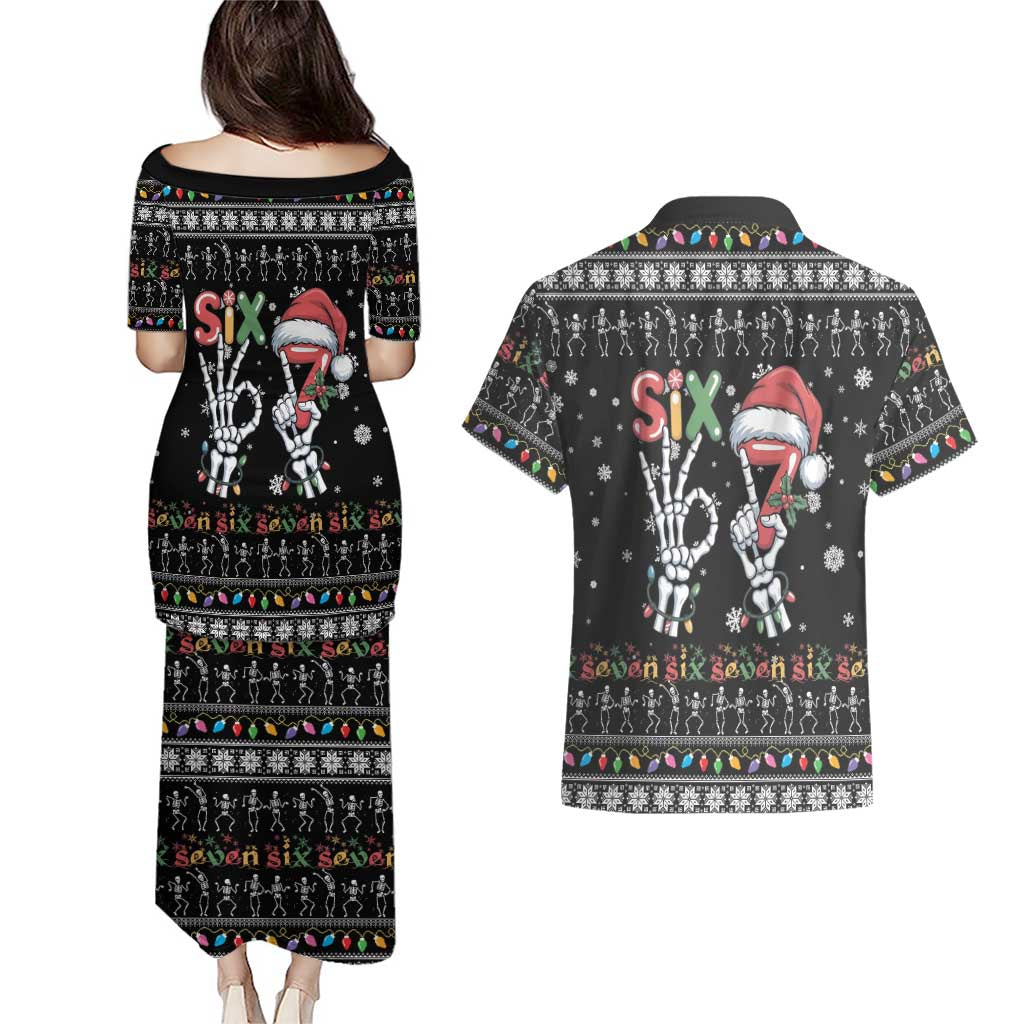 Six Seven Funny Skeleton Fingers Christmas Couples Matching Puletasi and Hawaiian Shirt Creepy Santa Skeleton Hands - Wonder Print Shop
