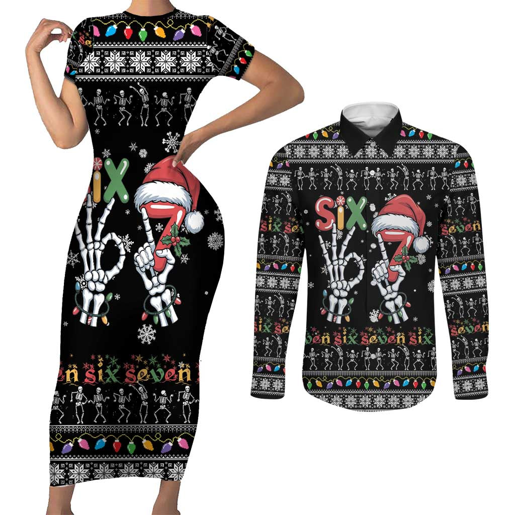 Six Seven Funny Skeleton Fingers Christmas Couples Matching Short Sleeve Bodycon Dress and Long Sleeve Button Shirt Creepy Santa Skeleton Hands - Wonder Print Shop