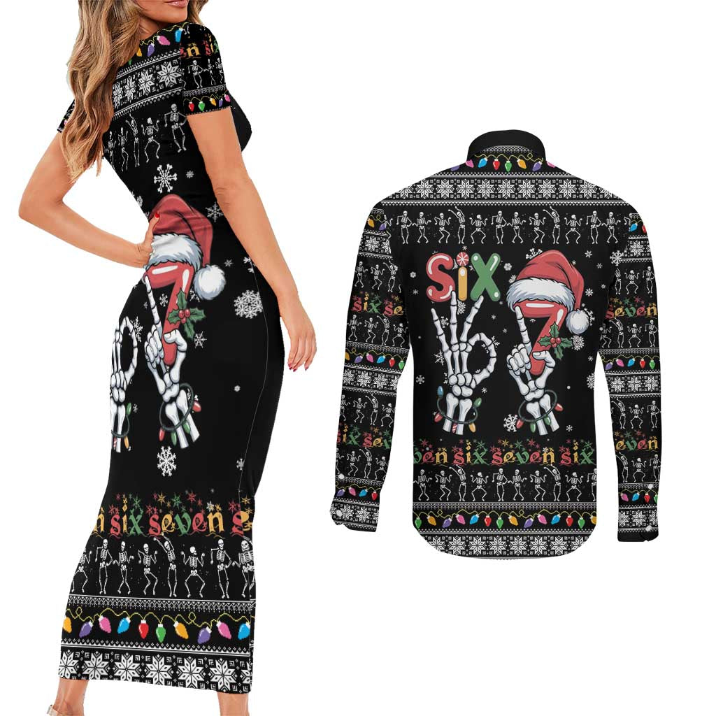 Six Seven Funny Skeleton Fingers Christmas Couples Matching Short Sleeve Bodycon Dress and Long Sleeve Button Shirt Creepy Santa Skeleton Hands - Wonder Print Shop